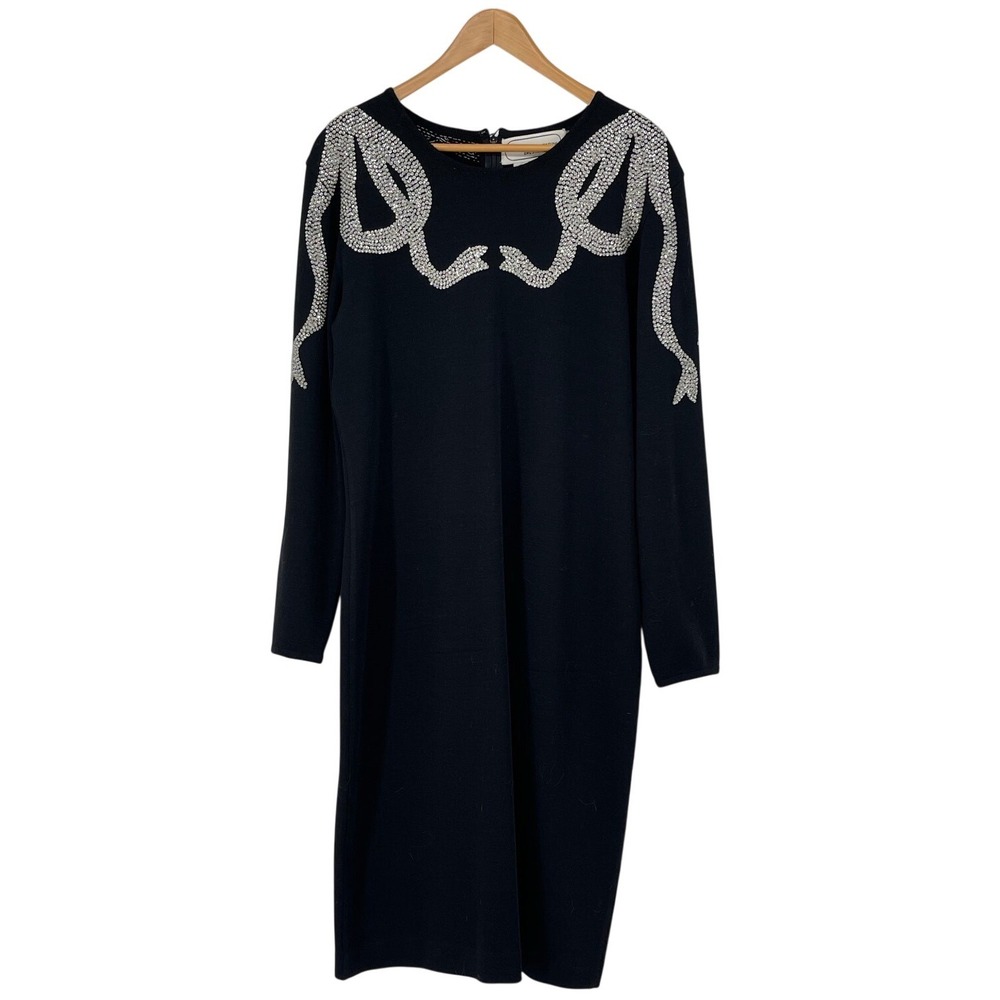 Adrienne Vittadini Vintage Wool Rhinestone Bow Shoulder Black Dress Size 14